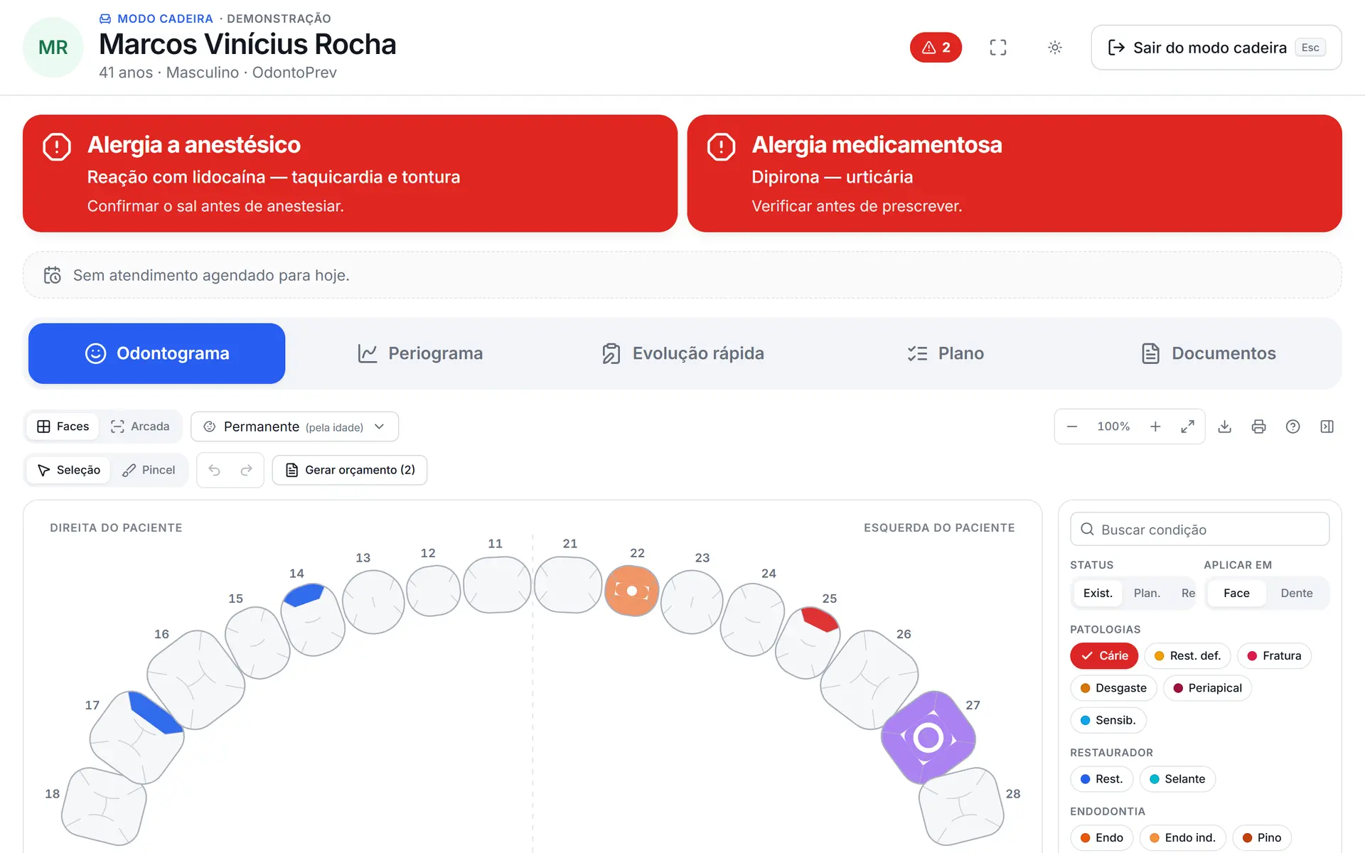 Modo cadeira em tela cheia com alertas clínicos e odontograma