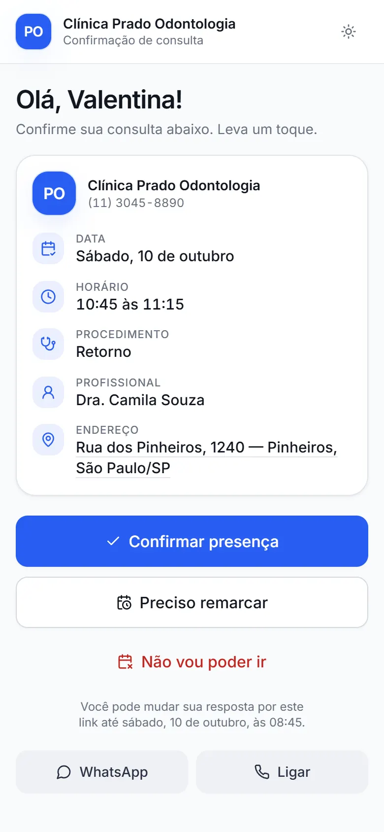 Confirmação de consulta pelo link: confirmar, remarcar ou avisar que não vai