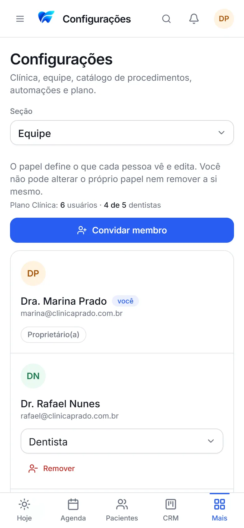 Equipe com papéis de acesso no celular