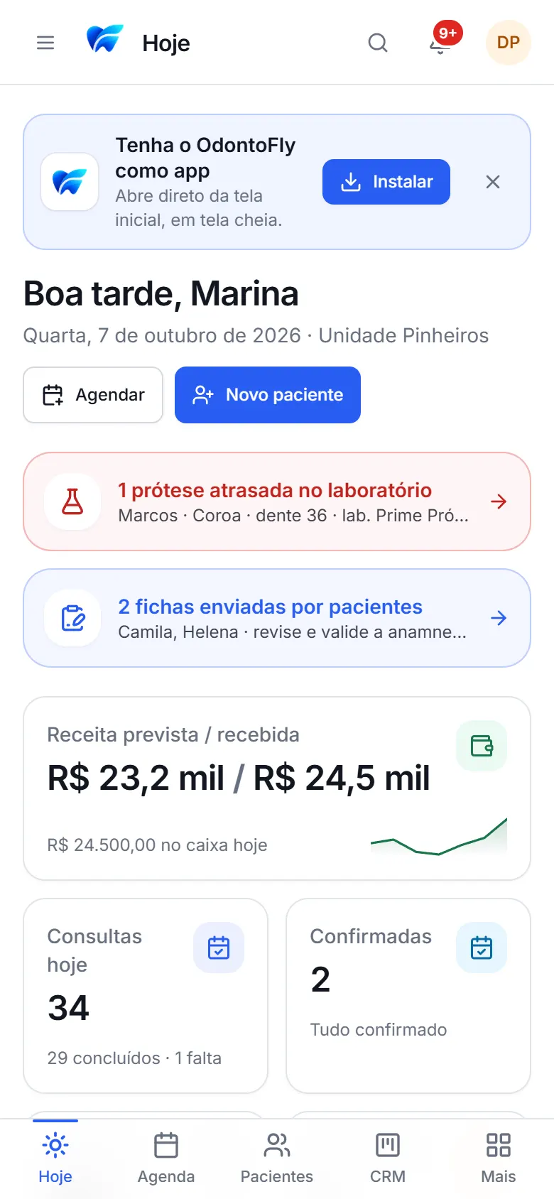 OdontoFly no celular: tela Hoje com botão para instalar o app