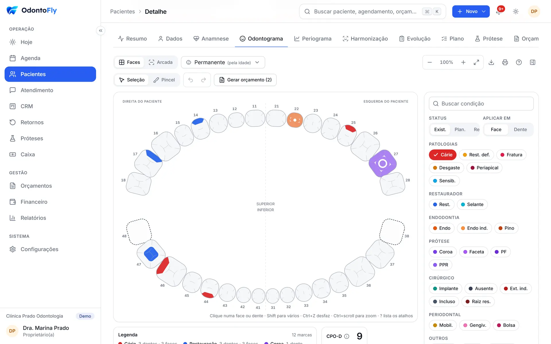 Odontograma por face com condições coloridas na ficha do paciente